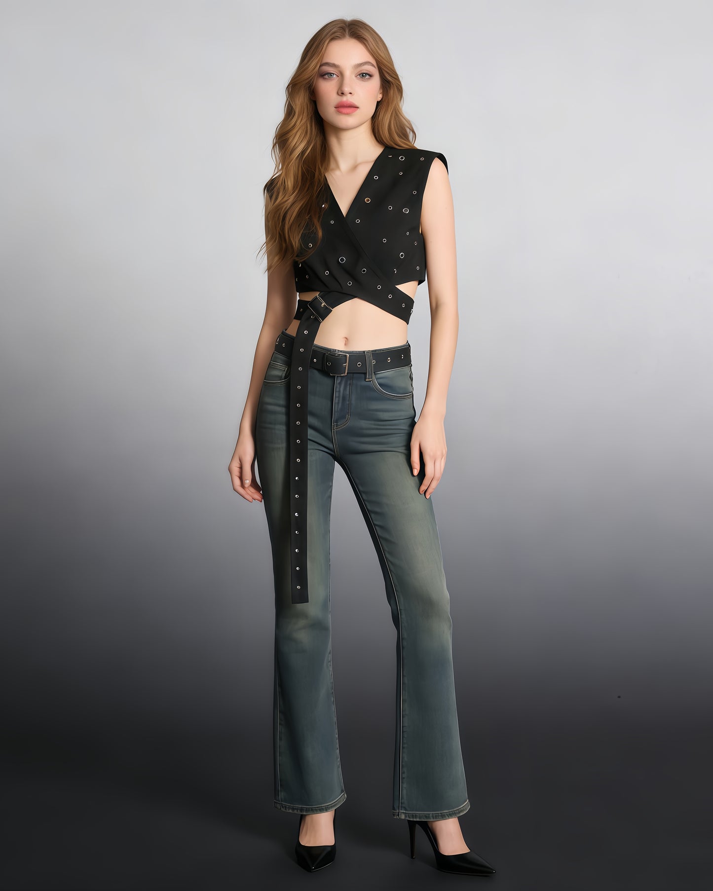 Black Studded Buckle Wrap Vest