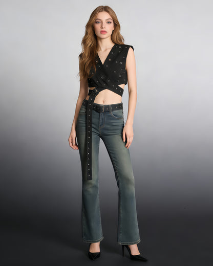 Black Studded Buckle Wrap Vest