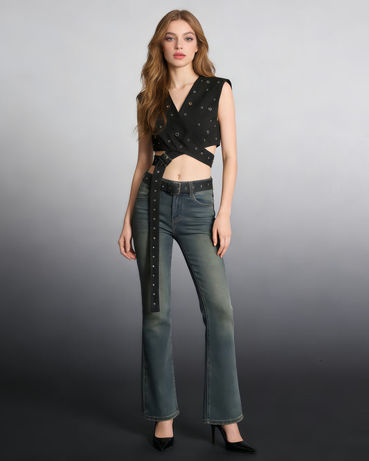 Black Studded Buckle Wrap Vest