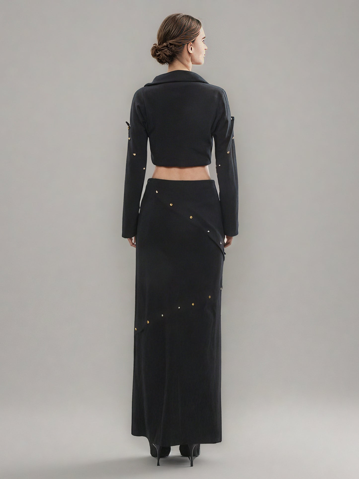 Black Studded Crop Top & Maxi Skirt Two-Piece Set