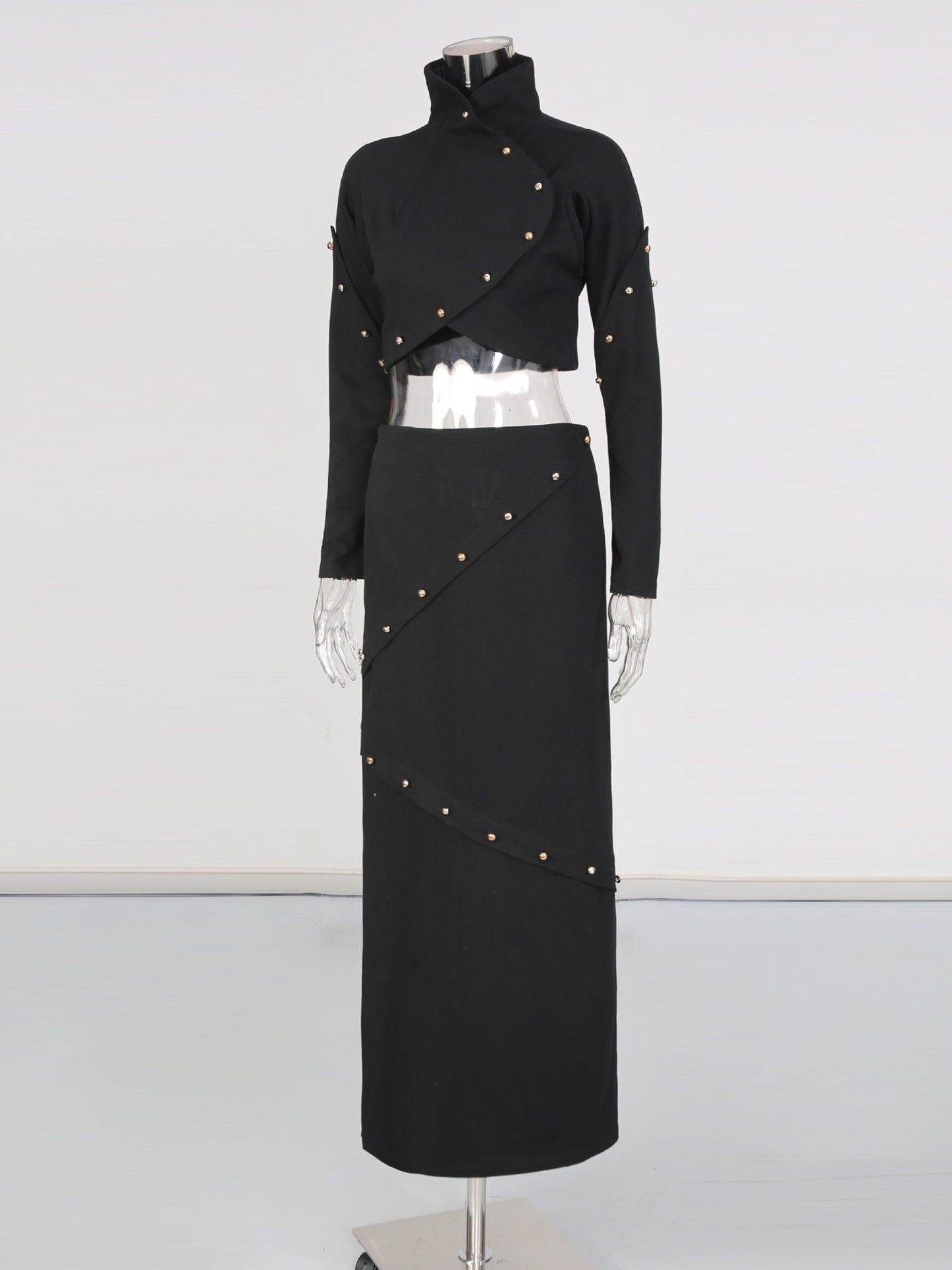 Black Studded Crop Top & Maxi Skirt Two-Piece Set