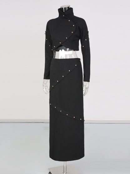 Black Studded Crop Top & Maxi Skirt Two-Piece Set