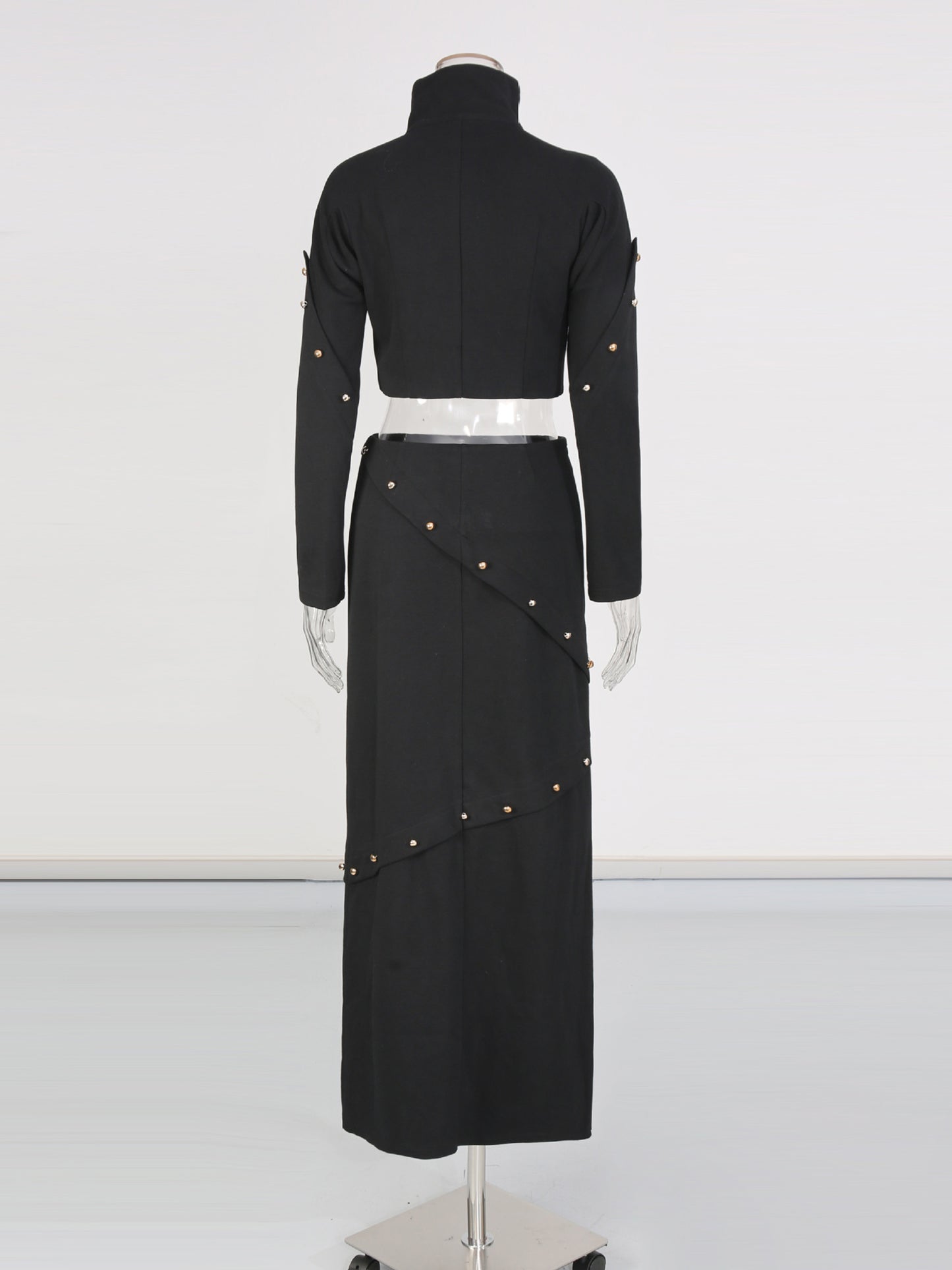 Black Studded Crop Top & Maxi Skirt Two-Piece Set