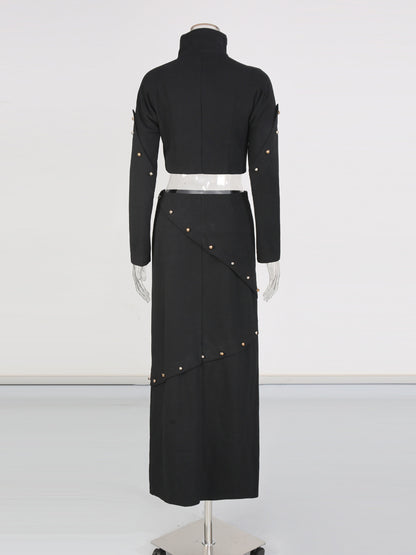 Black Studded Crop Top & Maxi Skirt Two-Piece Set