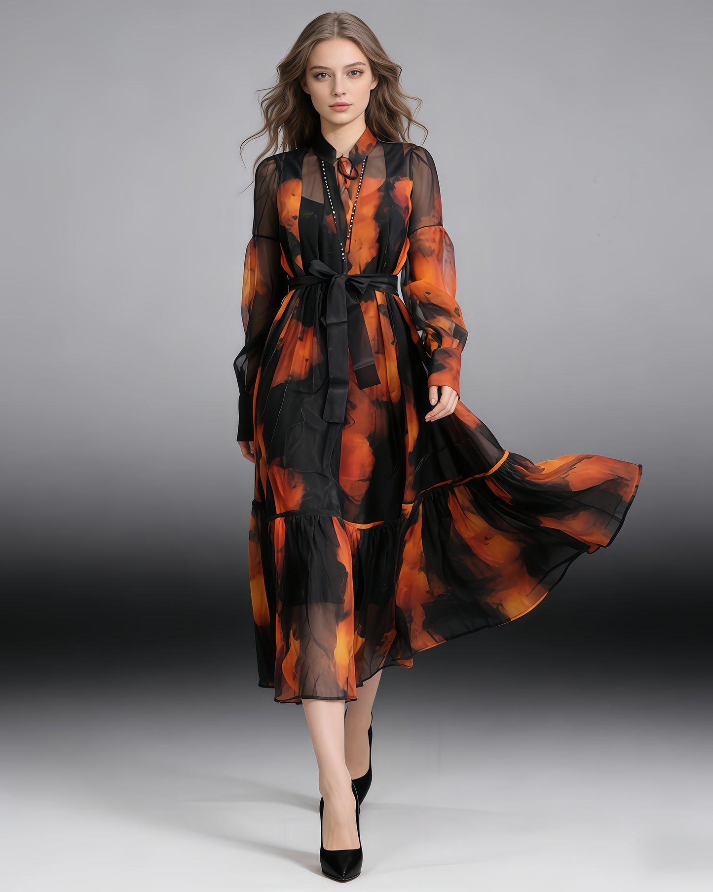 Black Tie-Dye Sheer Belted Maxi Dress