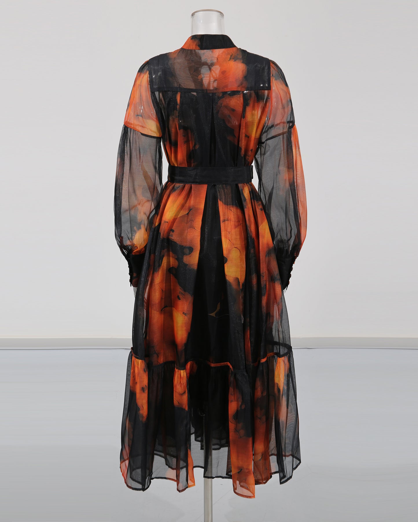 Black Tie-Dye Sheer Belted Maxi Dress