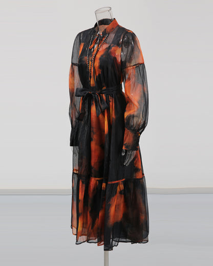 Black Tie-Dye Sheer Belted Maxi Dress