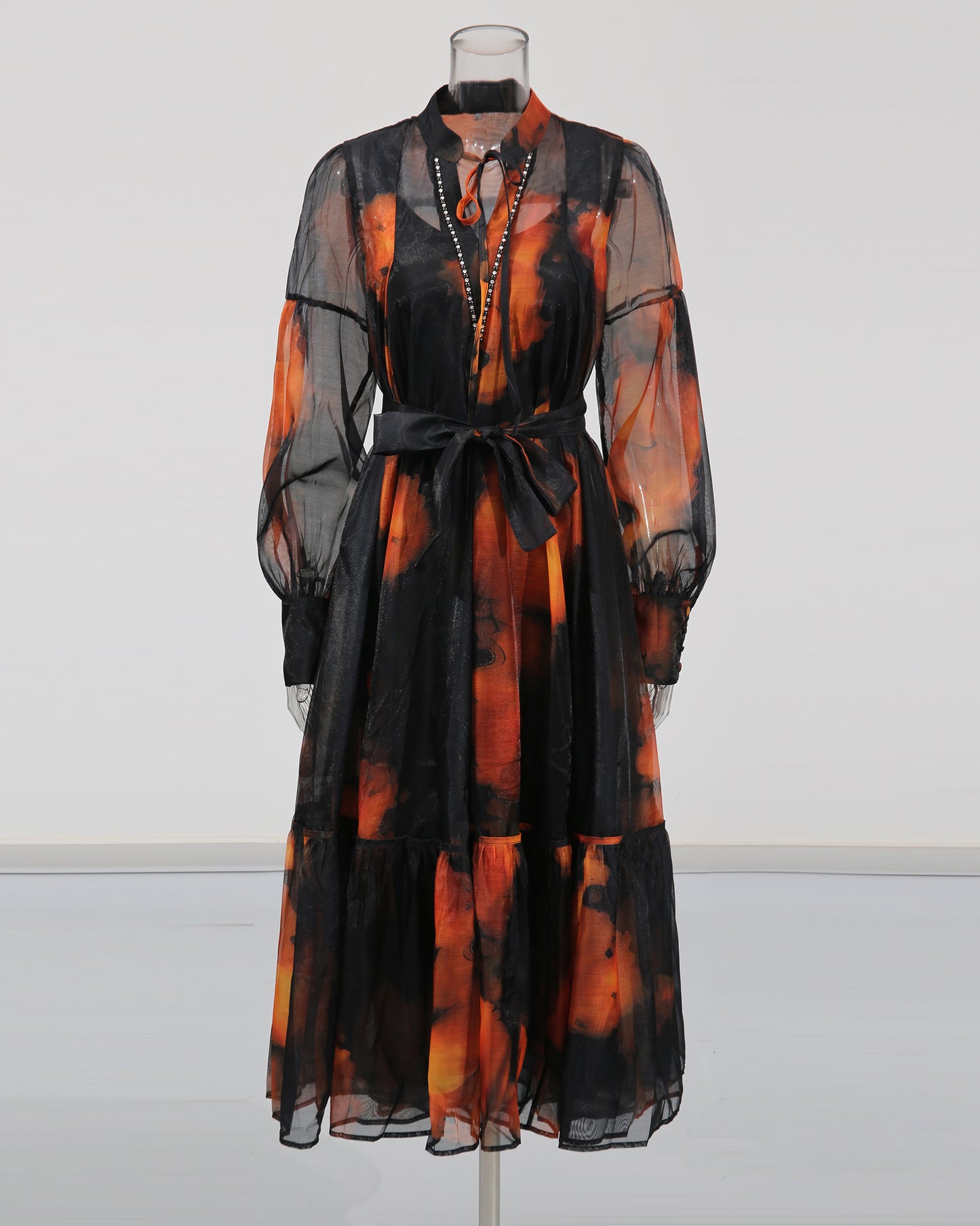 Black Tie-Dye Sheer Belted Maxi Dress