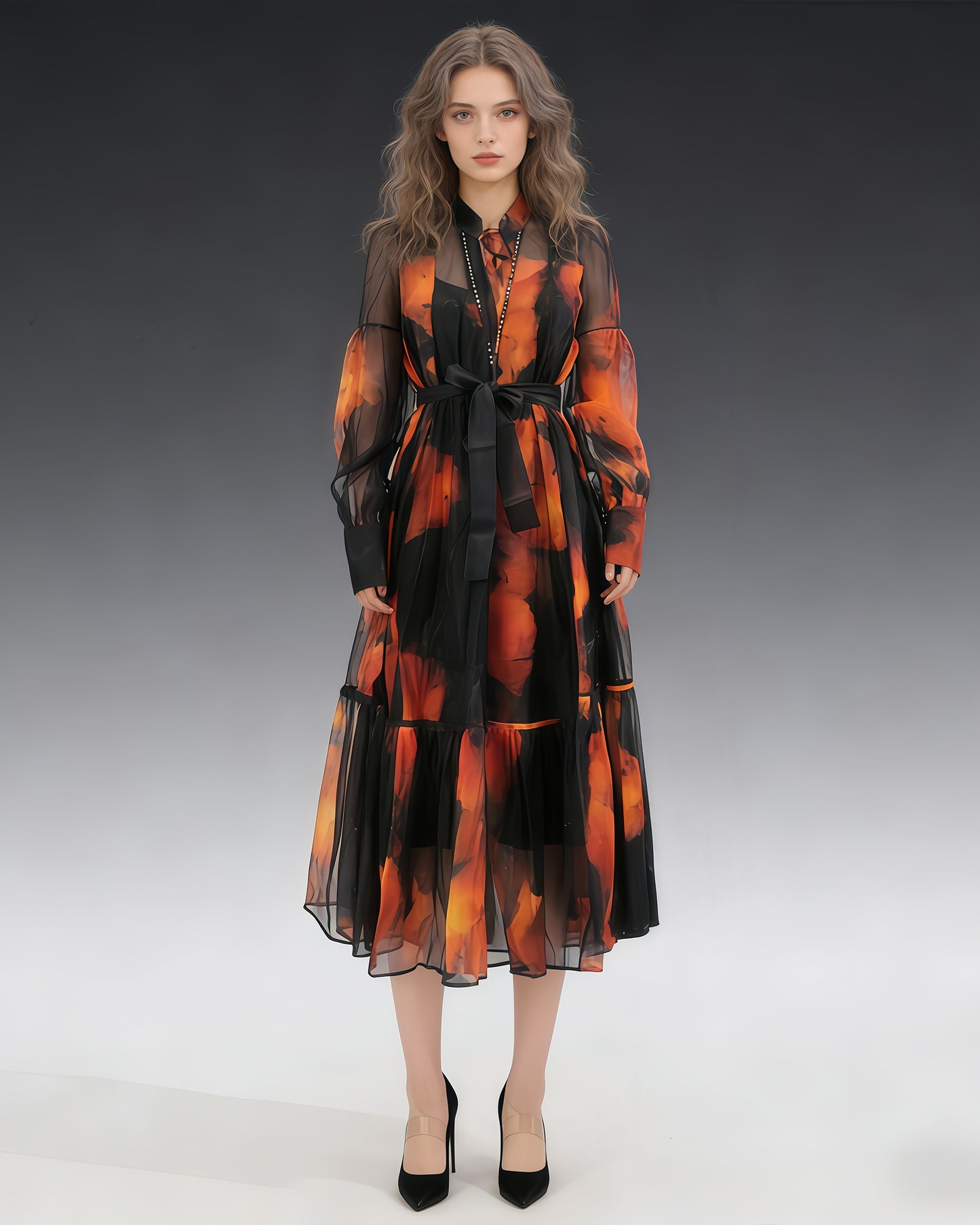 Black Tie-Dye Sheer Belted Maxi Dress