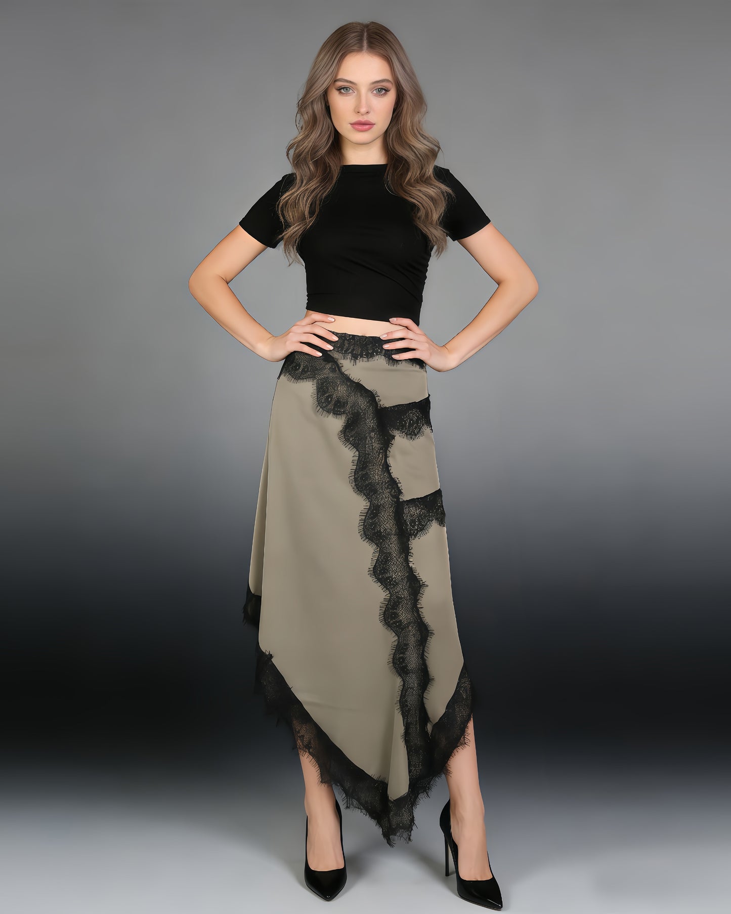 Black Top Beige Asymmetric Lace Dress