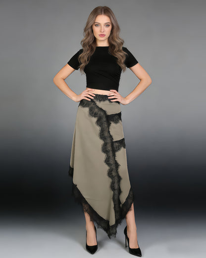 Black Top Beige Asymmetric Lace Dress