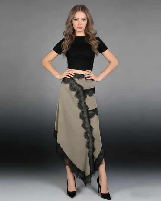 Black Top Beige Asymmetric Lace Dress