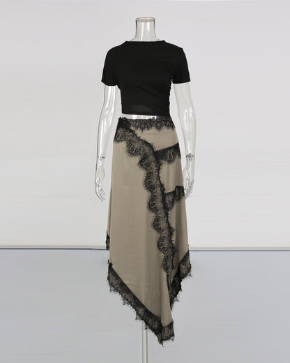 Black Top Beige Asymmetric Lace Dress