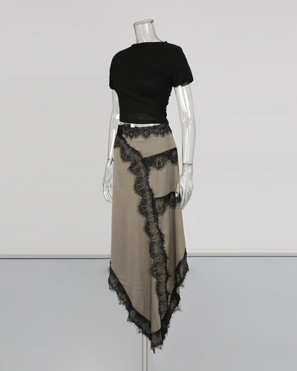 Black Top Beige Asymmetric Lace Dress