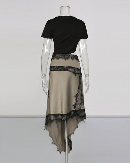 Black Top Beige Asymmetric Lace Dress