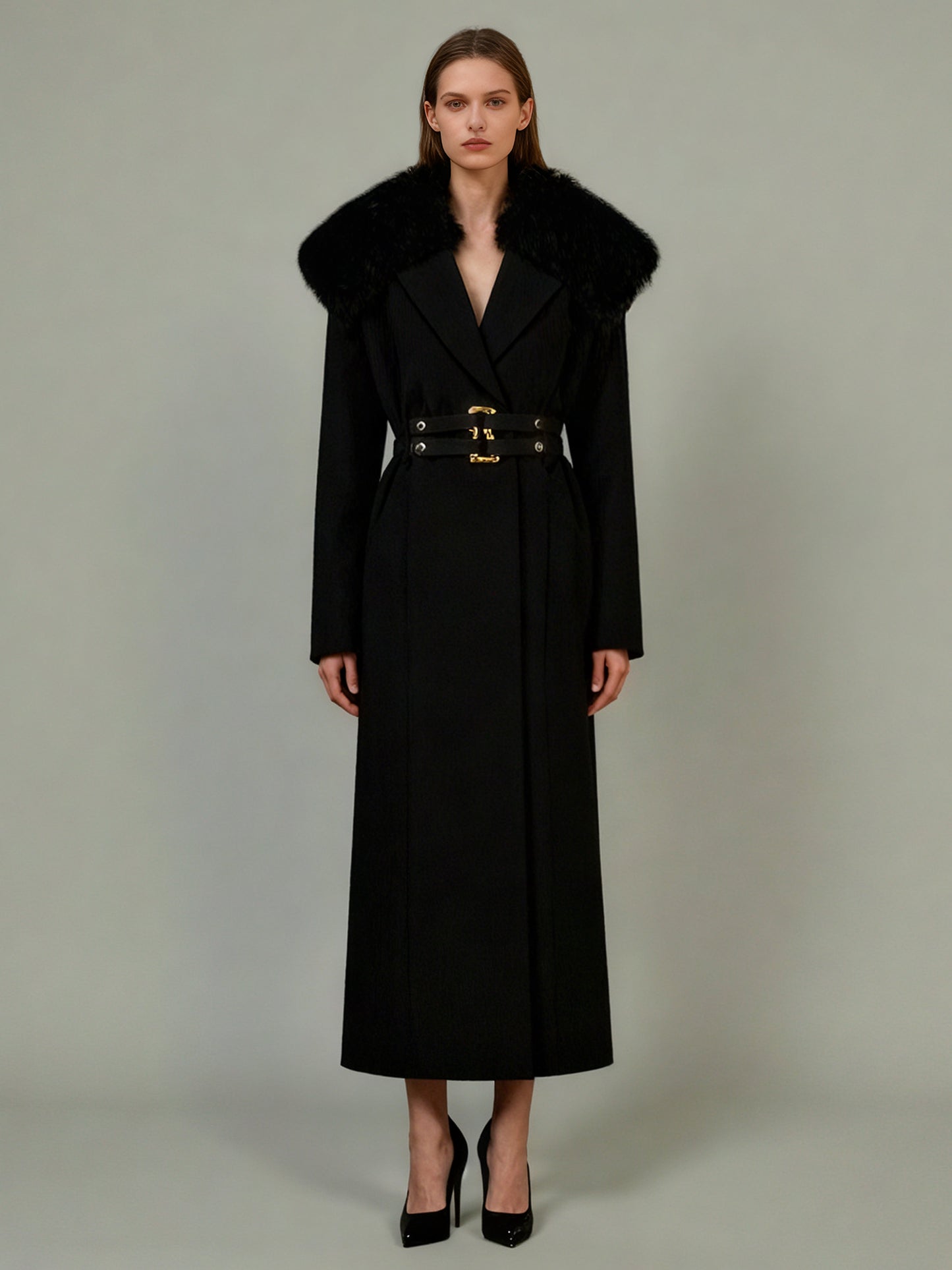 Black Trench Coat with Faux Fur Collar & Buckle Belt