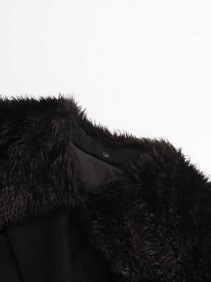 Black Trench Coat with Faux Fur Collar & Buckle Belt