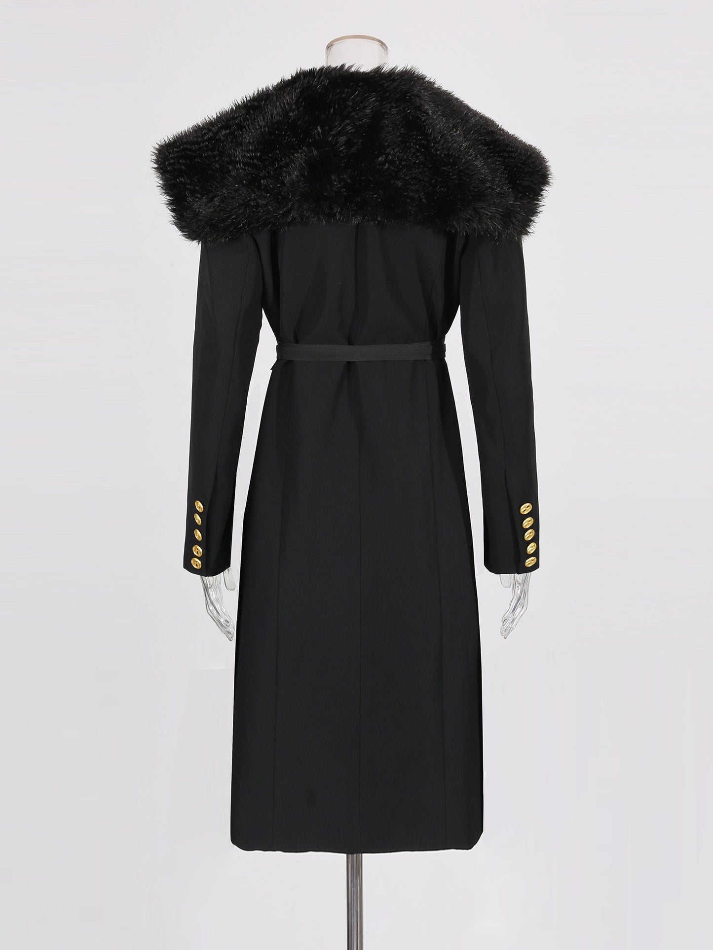 Black Trench Coat with Faux Fur Collar & Buckle Belt