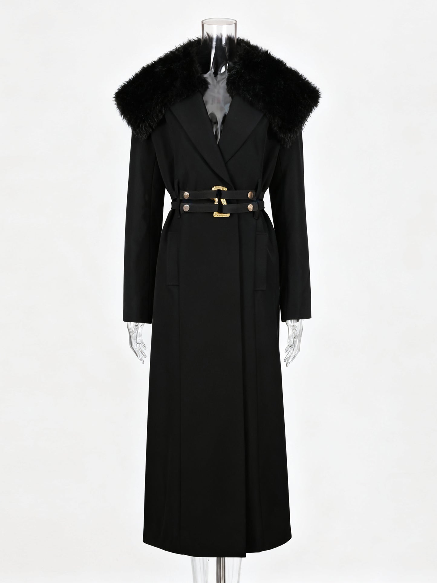 Black Trench Coat with Faux Fur Collar & Buckle Belt