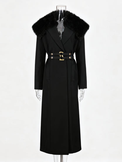 Black Trench Coat with Faux Fur Collar & Buckle Belt