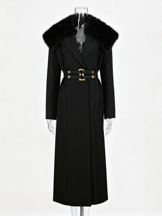 Black Trench Coat with Faux Fur Collar & Buckle Belt