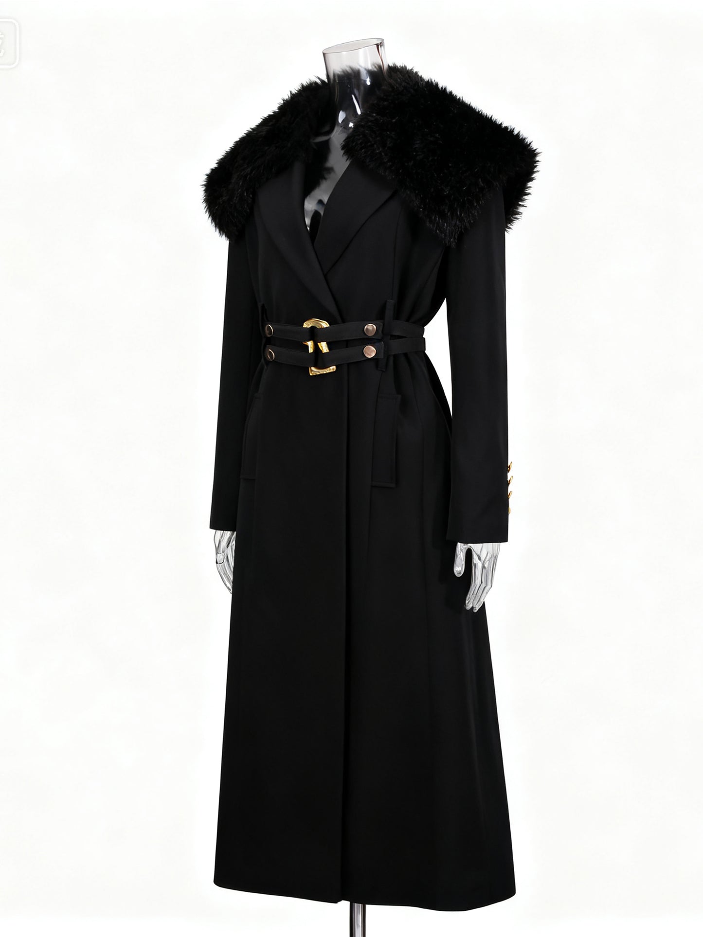 Black Trench Coat with Faux Fur Collar & Buckle Belt