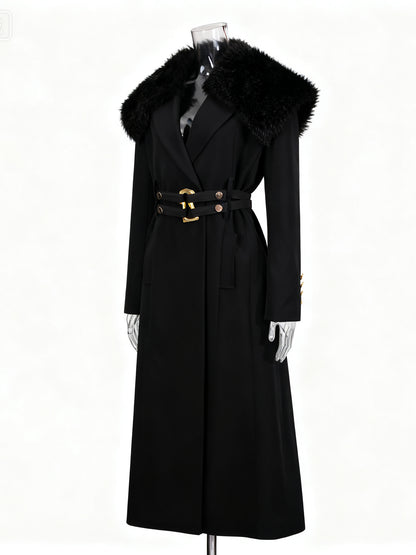 Black Trench Coat with Faux Fur Collar & Buckle Belt