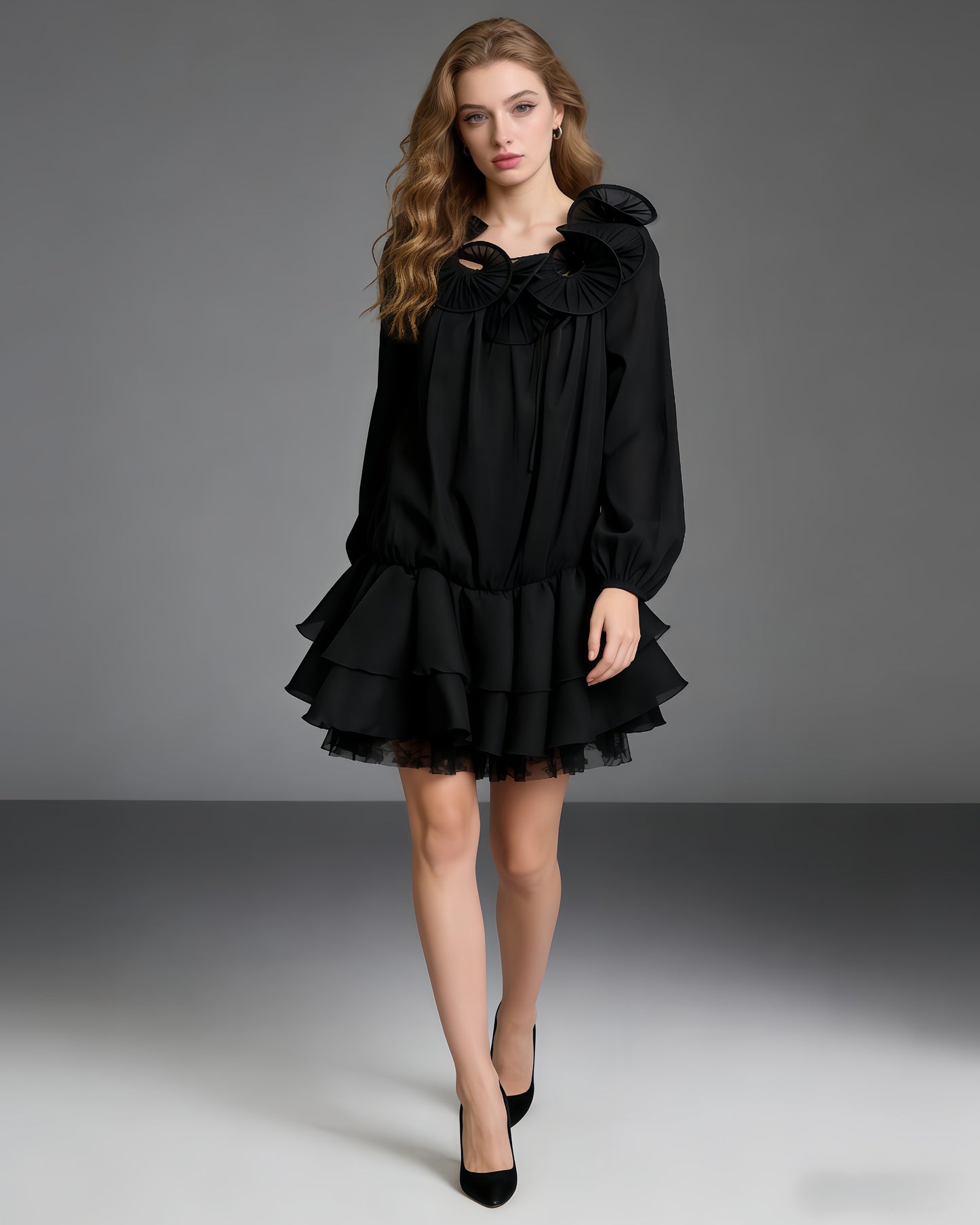 Black Tulle 3D Floral Lantern Sleeve Mini Dress