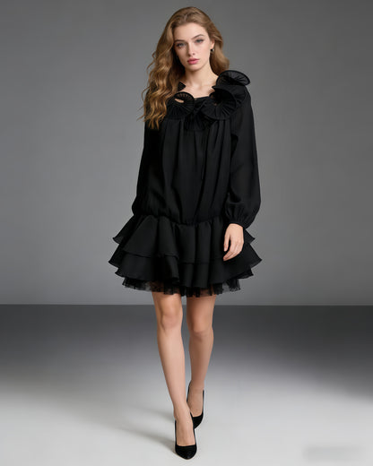 Black Tulle 3D Floral Lantern Sleeve Mini Dress