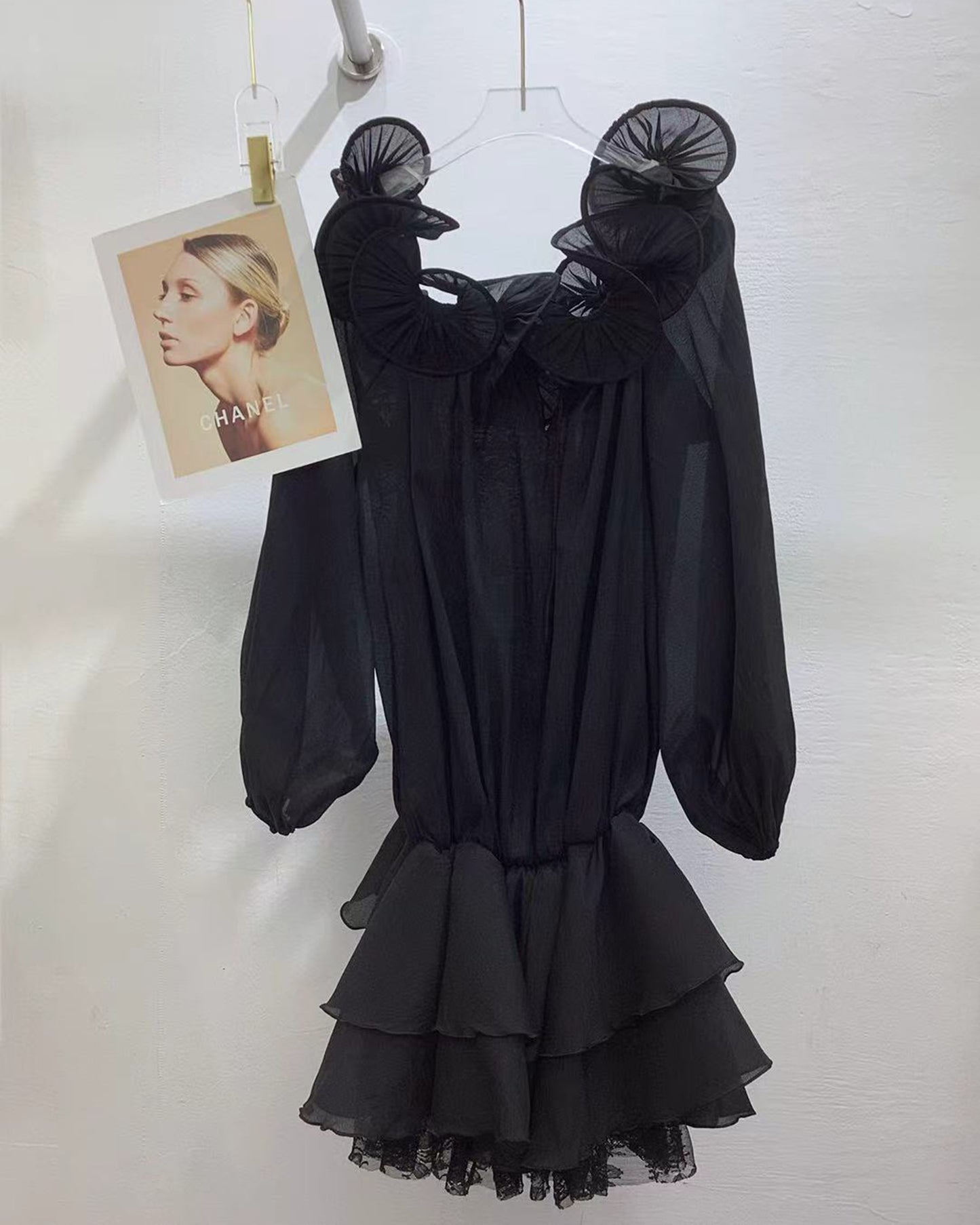 Black Tulle 3D Floral Lantern Sleeve Mini Dress