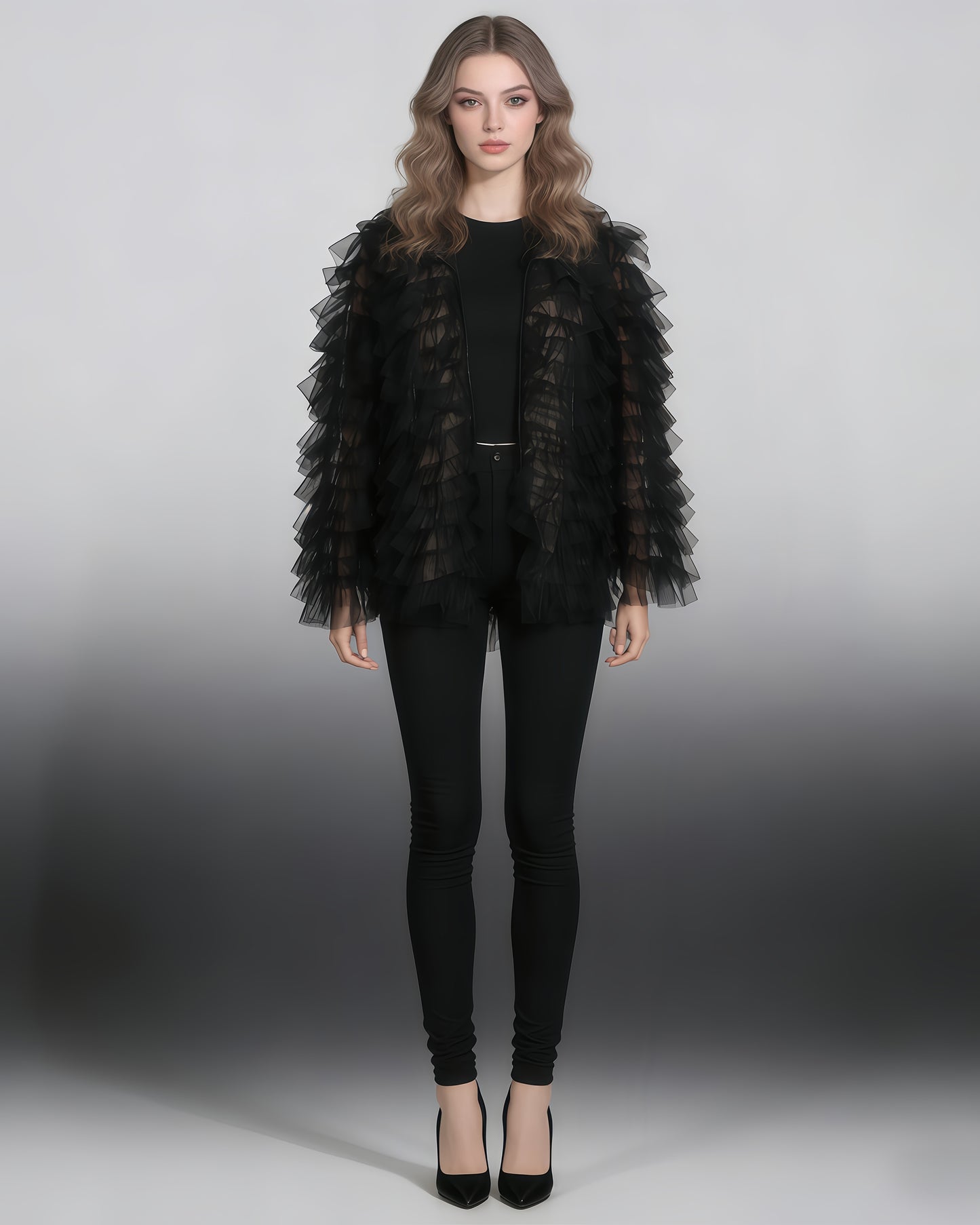 Black Tulle Ruffled Open Front Jacket