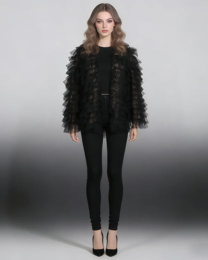 Black Tulle Ruffled Open Front Jacket