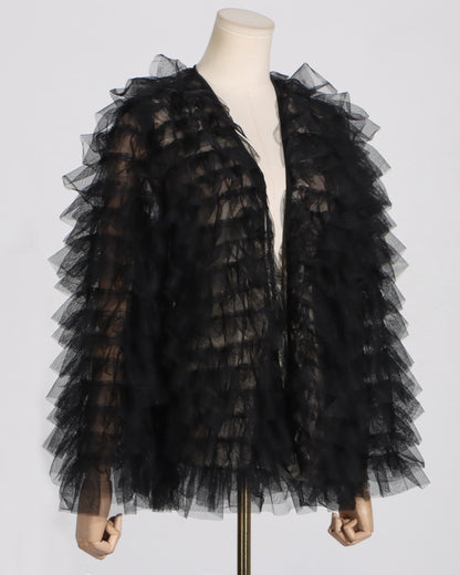 Black Tulle Ruffled Open Front Jacket