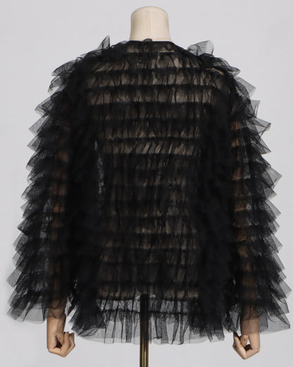 Black Tulle Ruffled Open Front Jacket