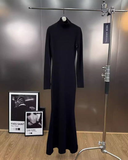 Black Turtleneck Long-Sleeve Mermaid Maxi Dress