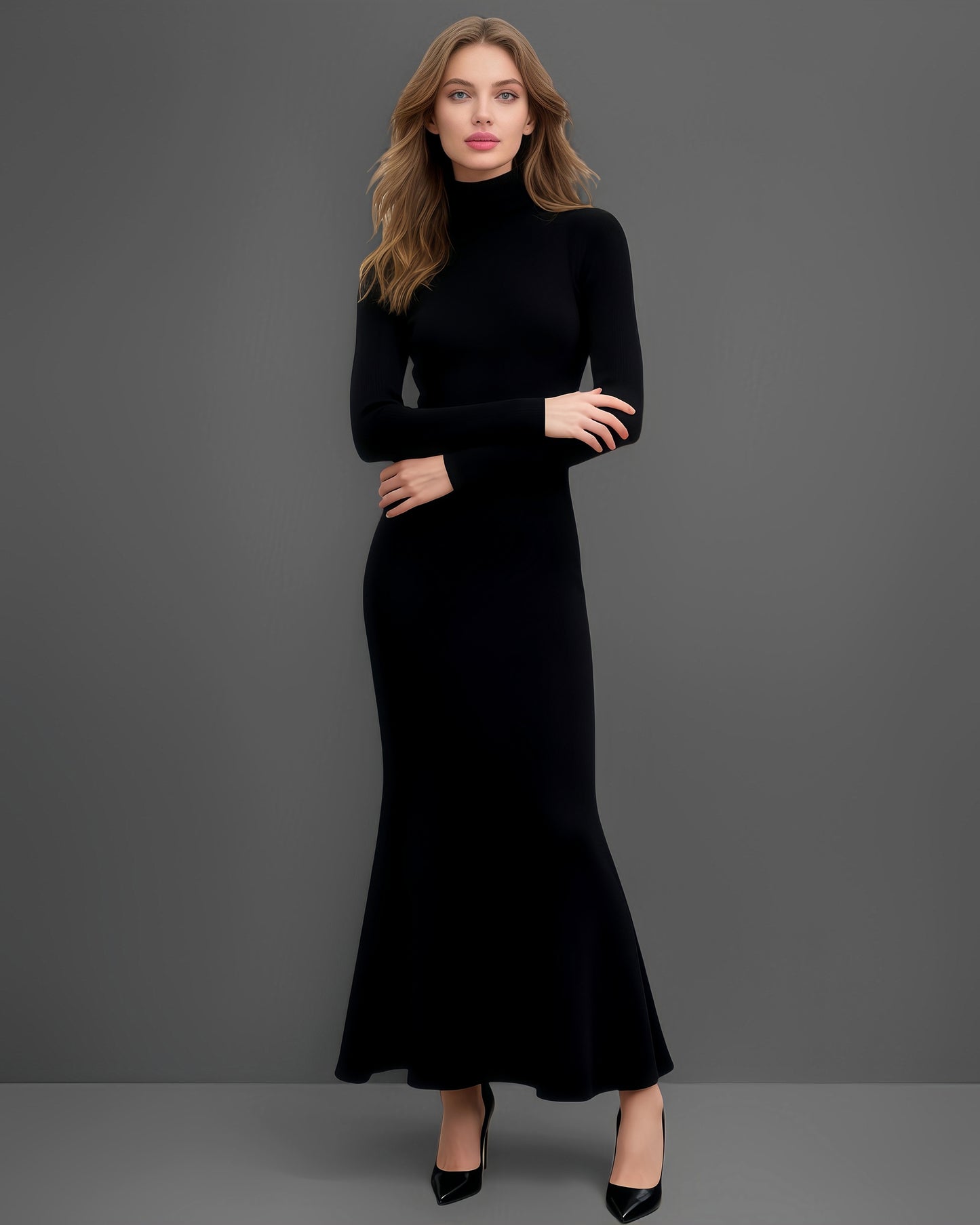 Black Turtleneck Long-Sleeve Mermaid Maxi Dress