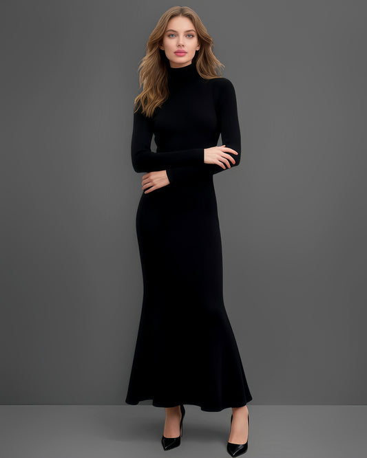 Black Turtleneck Long-Sleeve Mermaid Maxi Dress