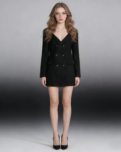 Black Tweed Double-Breasted Blazer Dress
