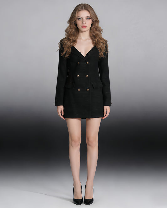Black Tweed Double-Breasted Blazer Dress