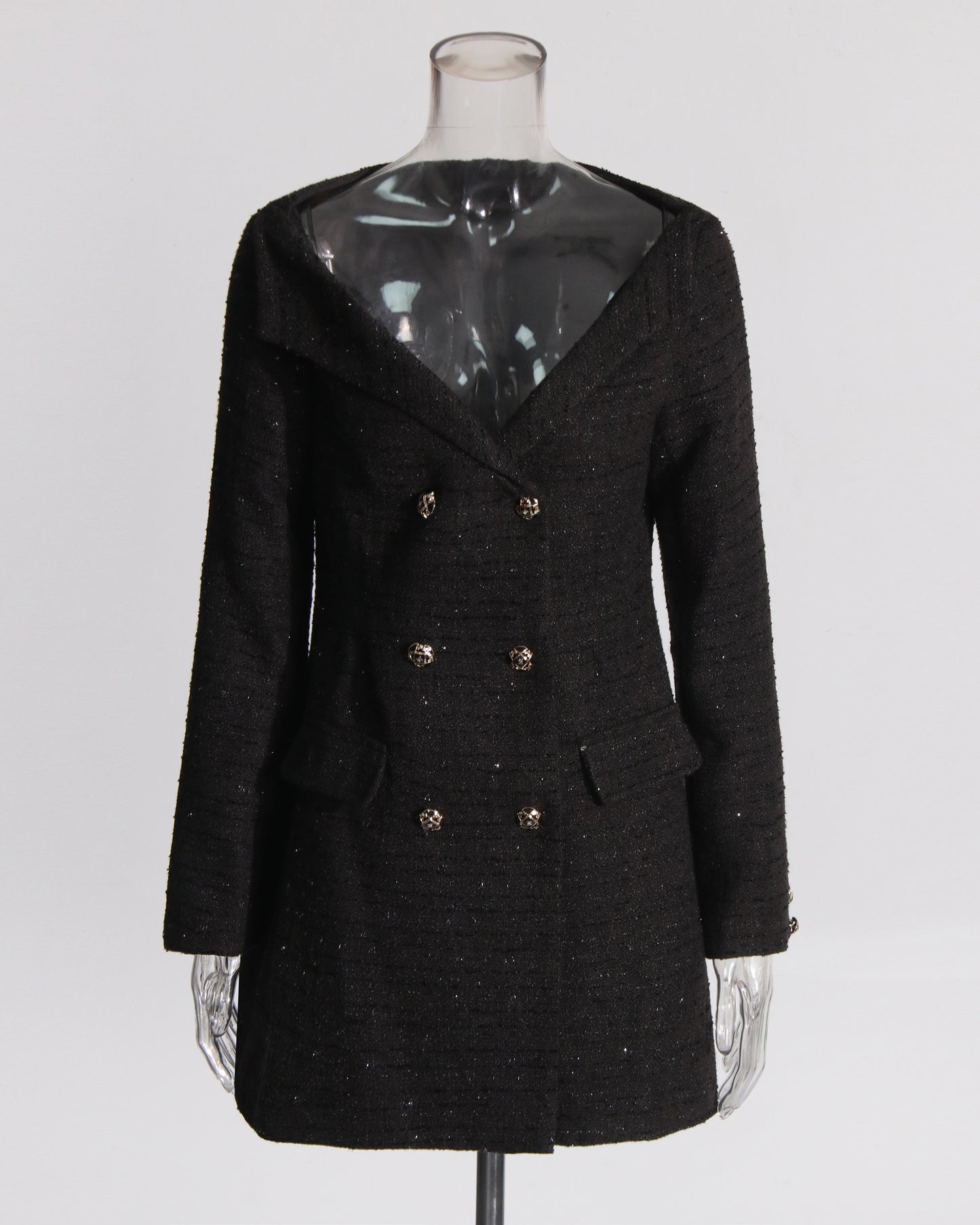 Black Tweed Double-Breasted Blazer Dress