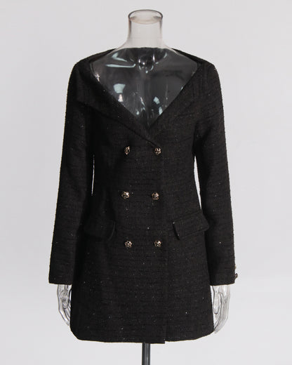 Black Tweed Double-Breasted Blazer Dress