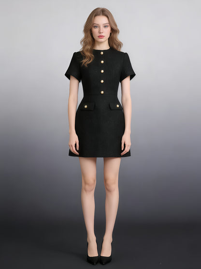 Black Tweed Mini Dress with Pearl Gold Buttons