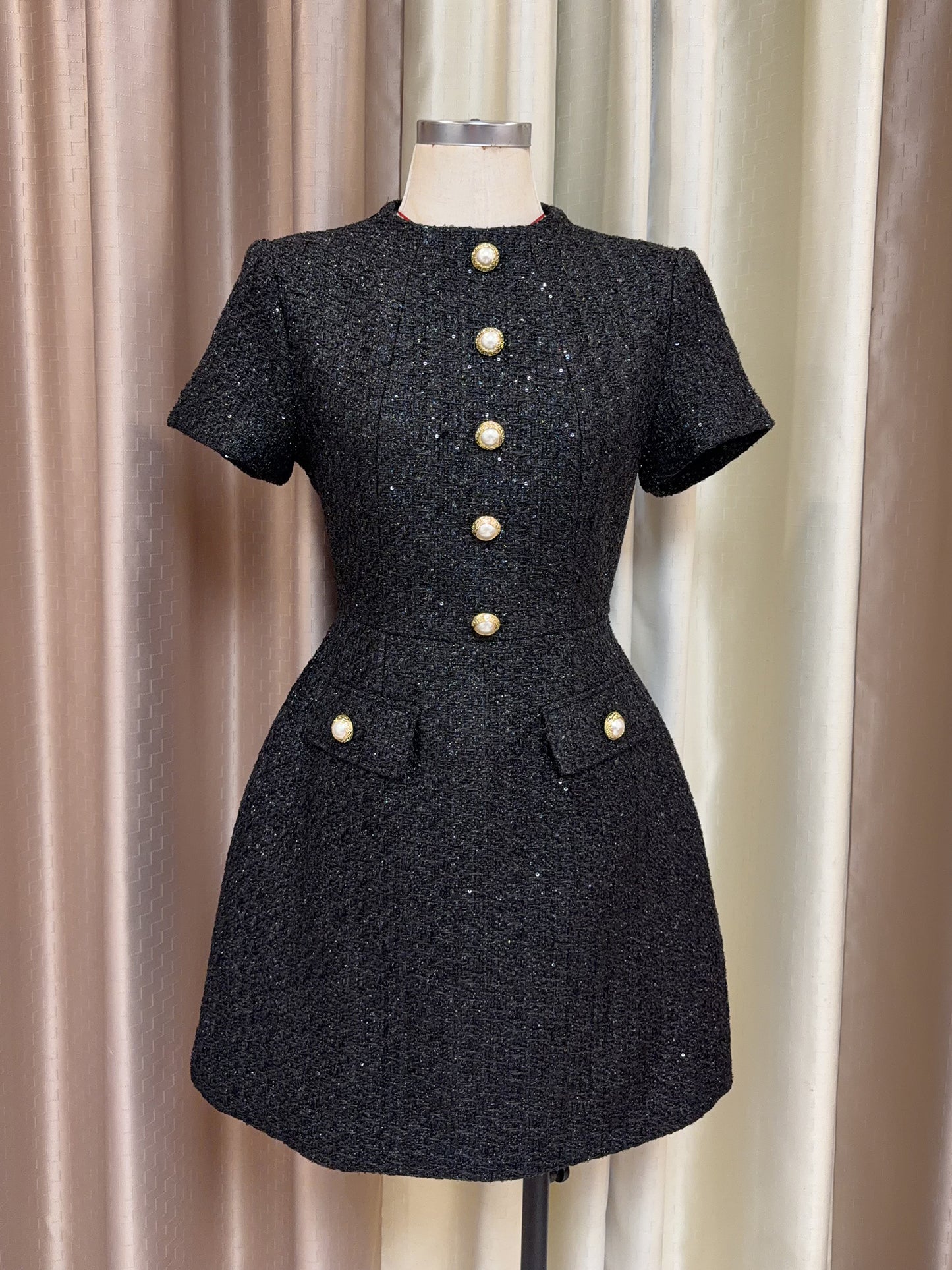 Black Tweed Mini Dress with Pearl Gold Buttons