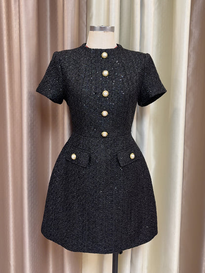 Black Tweed Mini Dress with Pearl Gold Buttons