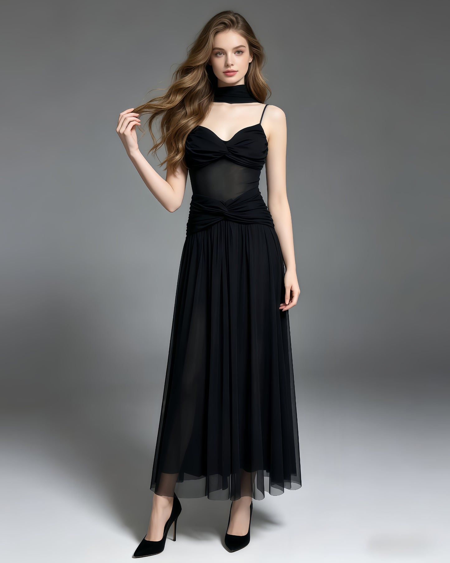 Black Twist Knot Mesh Maxi Dress