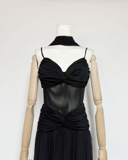 Black Twist Knot Mesh Maxi Dress