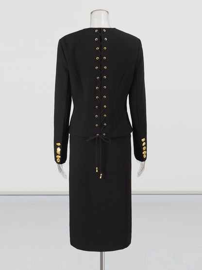 Black Two-Piece Set with Gold Statement Button Detailing