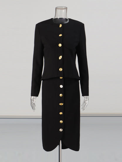 Black Two-Piece Set with Gold Statement Button Detailing