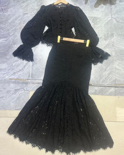Black V-Neck Lace Flare Sleeve Mermaid Skirt Set