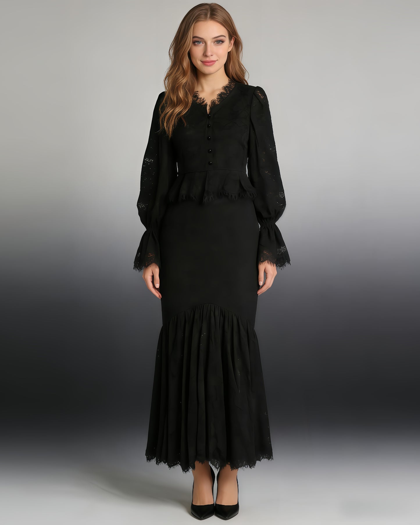 Black V-Neck Lace Flare Sleeve Mermaid Skirt Set